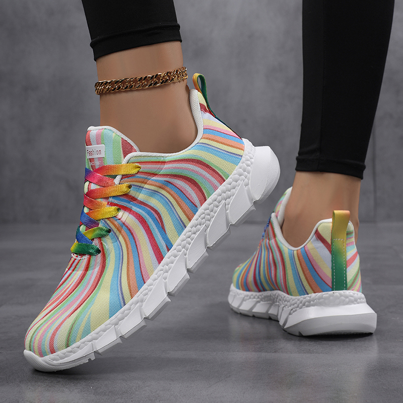 Regenbogenfarbene gestreifte S – Knit Fabric Lace Up Sneakers Bewertung und Preis